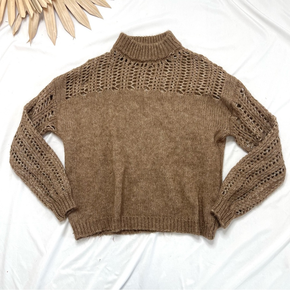 Sita Murt Tan Brown Crochet Knit Mock Neck Soft Wool Alpaca Sweater Size 38